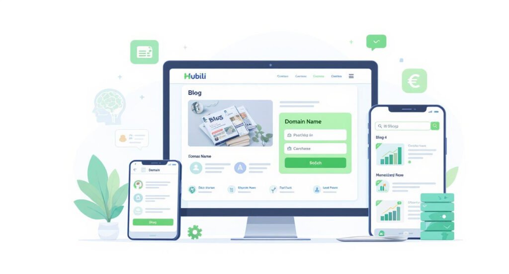 Plateforme Hubi affiche une interface simplifiée de création de blogs avec options de nom de domaine, modèles préconstruits, hébergement et outils de monétisation automatisés.