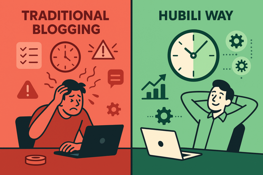 Comparaison temps de travail blog traditionnel versus Hubili - moins d'une heure par jour pour blog rentable