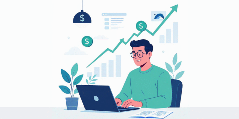 Personne travaillant sur ordinateur portable pour créer un blog rentable avec symboles de revenu passif et graphiques de croissance