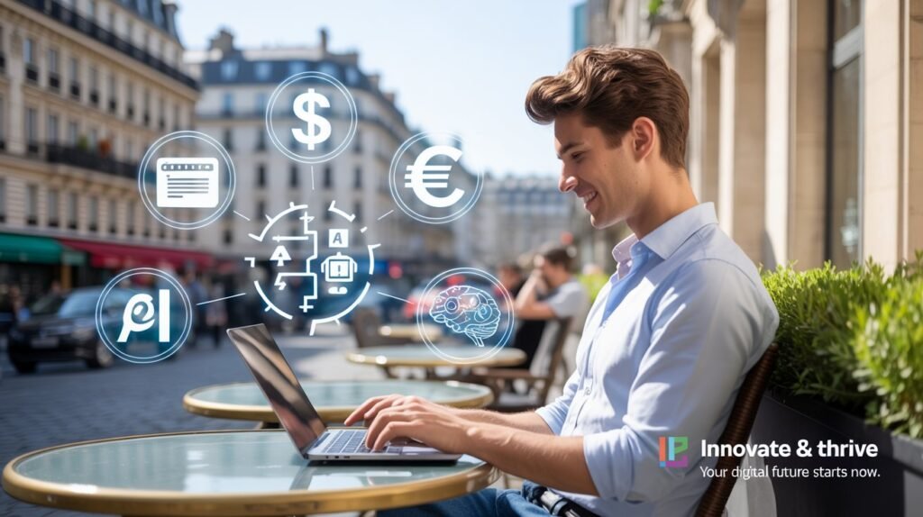 Automatisation revenus passifs 2025 - Workspace moderne avec dashboard de revenus"